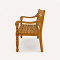 Side studio | natural acacia garden bench profile showing the seat depth, curved arm, and rear leg