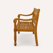 Side studio | natural acacia garden bench profile showing the seat depth, curved arm, and rear leg