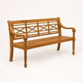 Three-quarter studio | natural acacia garden bench with its slatted seat, scrolled arms, and turned legs visible