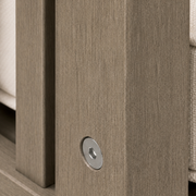 Fastener detail | brushed round fastener in a gray-washed acacia post beside a slatted join