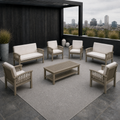 Rooftop terrace | complete gray-washed acacia conversation set on a plain gray rug