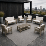Rooftop terrace | complete gray-washed acacia conversation set on a plain gray rug