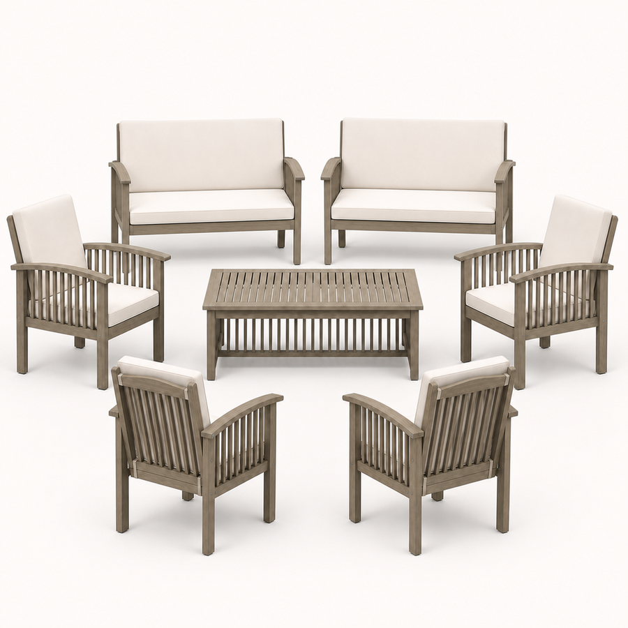 Front studio | full conversation set with two loveseats, four armchairs, and a low slat-top coffee table