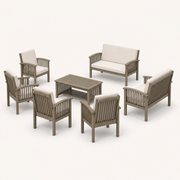 Side studio | rear and side view of the complete gray-washed acacia conversation set