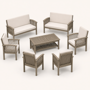 Three-quarter studio | complete set with the slat-top coffee table and chair depth visible