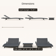 Dimensions | dimension card for the two chaise loungers and side table, showing lounger length and side-table measurements