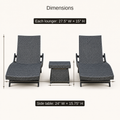 Dimensions | dimension card for the two chaise loungers and side table, showing lounger width and height and table width and height