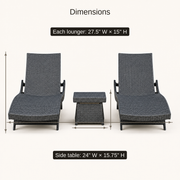 Dimensions | dimension card for the two chaise loungers and side table, showing lounger width and height and table width and height