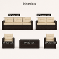 Dimensions | front studio layout labeled with sofa, loveseat, armchair, and table widths