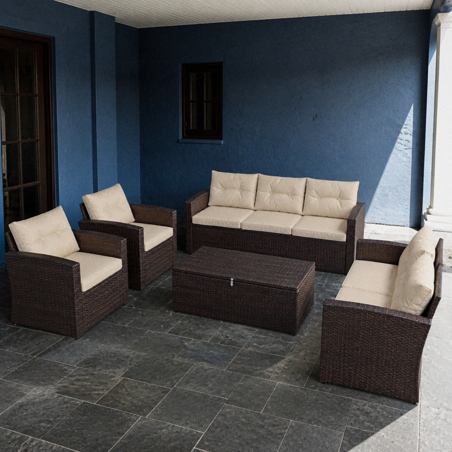 Blue veranda | complete conversation set on a charcoal slate floor beside a deep-blue wall