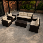 Brick courtyard | complete conversation set beneath a black pergola on concrete