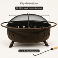 Dimensions | dimensions diagram showing 32.25 inch spark screen diameter and 34 inch fire bowl diameter