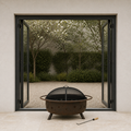 Scale | bronze fire pit framed beneath a full-height garden doorway to show scale