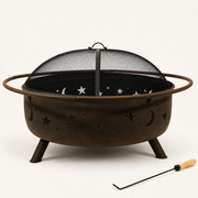 Front | studio front view of weathered bronze fire pit with mesh screen, tubular ring, three legs and poker