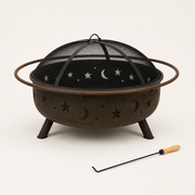 Studio | three-quarter studio view of the bronze fire pit with mesh screen, tubular ring and poker