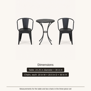 Dimensions | dimensions for black iron table and two armchairs