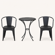 Front | front studio view of black iron bistro table with two matching armchairs