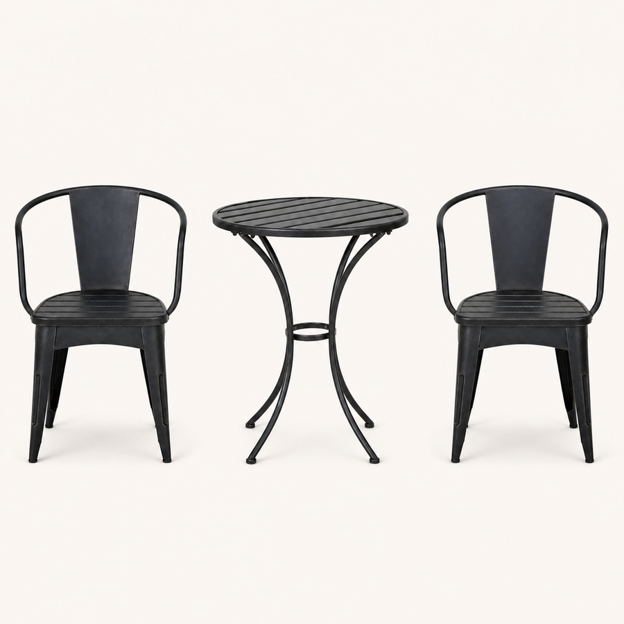 Front | front studio view of black iron bistro table with two matching armchairs