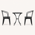 Side | side profile studio view of black iron bistro table and two armchairs