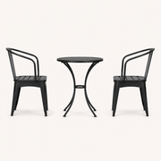 Side | side profile studio view of black iron bistro table and two armchairs