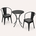 Studio | three-quarter studio view of black iron bistro table and two armchairs