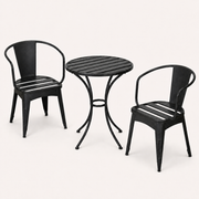 Studio | three-quarter studio view of black iron bistro table and two armchairs