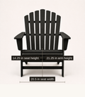 Seat and arm dimensions | black Adirondack chair with seat width, seat height, and arm height callouts