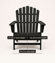 Seat and arm dimensions | black Adirondack chair with seat width, seat height, and arm height callouts