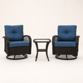 Studio front | two brown PE-rattan swivel glider chairs and a square glass-top table in Navy Blue