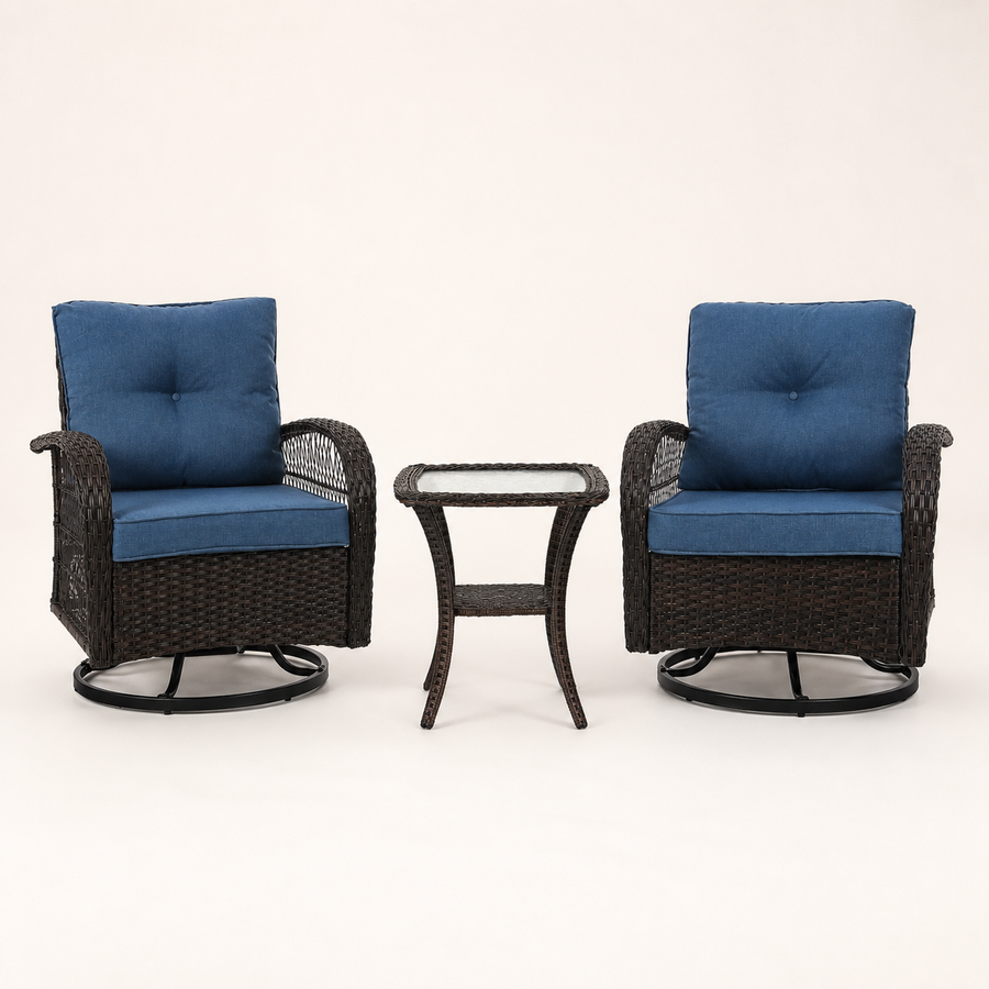 Studio front | two brown PE-rattan swivel glider chairs and a square glass-top table in Navy Blue