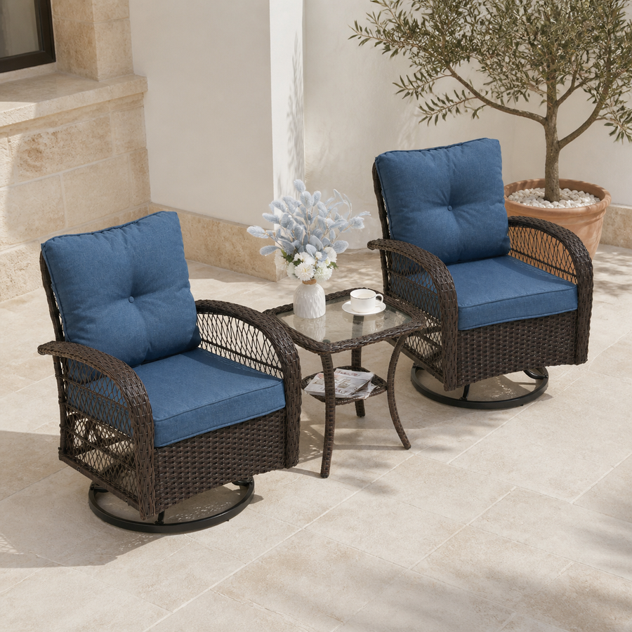 Terrace angle | complete two-chair patio set with square glass-top table from an elevated three-quarter view