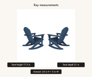 Key measurements | two navy blue rocking Adirondack chairs with seat height, seat depth and armrest measurements