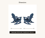 Dimensions | two navy blue rocking Adirondack chairs with each-chair width, depth and height card