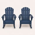 Studio front | two navy blue rocking Adirondack chairs with their slatted seats, wide arms and curved runners facing forward