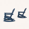 Studio side | two navy blue rocking Adirondack chairs in side profile with raked backs and curved runners