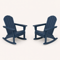 Studio angle | two navy blue rocking Adirondack chairs shown three-quarter from the front with curved runners visible