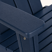 Material detail | navy HDPE armrest surface with molded woodgrain and a stainless fastener