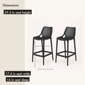 Dimensions | two black lattice bar stools with seat height, seat width and seat depth callouts