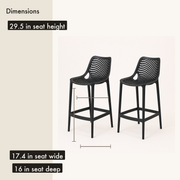 Dimensions | two black lattice bar stools with seat height, seat width and seat depth callouts