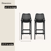 Dimensions | two black lattice bar stools with overall height and width callouts