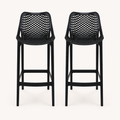 Front | two black lattice bar stools side by side on a light studio backdrop, front elevation and footrests visible