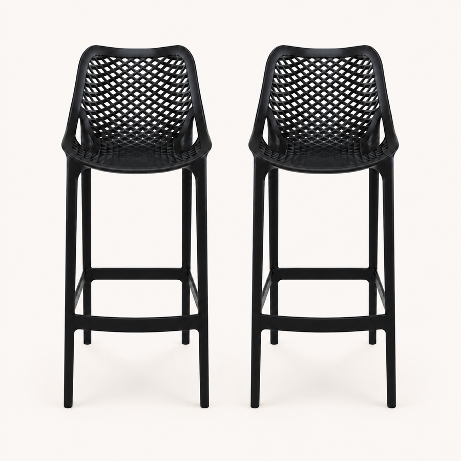 Front | two black lattice bar stools side by side on a light studio backdrop, front elevation and footrests visible