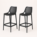 Angle | two black lattice bar stools at a three-quarter studio angle, open seats and footrest rails visible