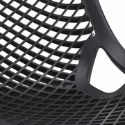 Detail | close view of black molded-plastic diamond lattice, lattice seat and side opening