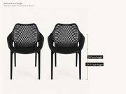 Seat and arm dimensions | pair of open-mesh armchairs with 17.5-inch seat height and 26-inch arm height shown per chair