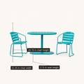 Dimensions | chair width, chair height and seat-height callouts on the teal bistro set