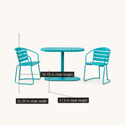Dimensions | chair width, chair height and seat-height callouts on the teal bistro set
