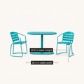Dimensions | table width and height callouts on the teal oval folding bistro set