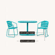 Dimensions | table width and height callouts on the teal oval folding bistro set