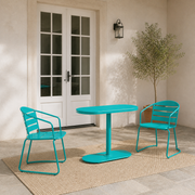 Scale | teal folding bistro set beside a full-height patio doorway for scale
